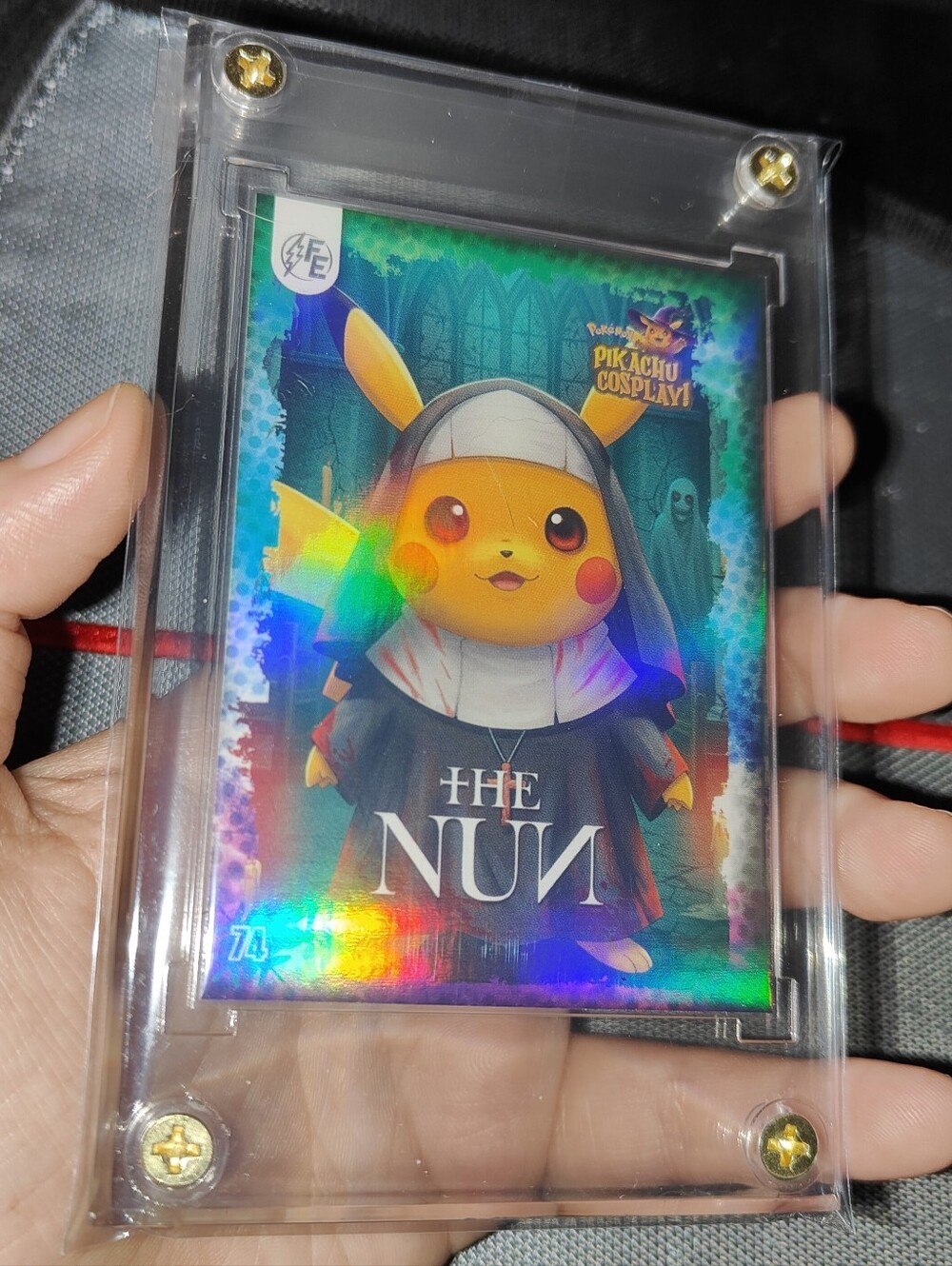 The Nun holo encased Pikachu Cosplay Horror card Unofficial Pokemon Peru